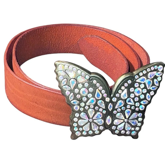 Orange Leather Juliana AB Crystal Rhinestone Gold Tone Brass Belt with Buckle - Picture 7 of 10